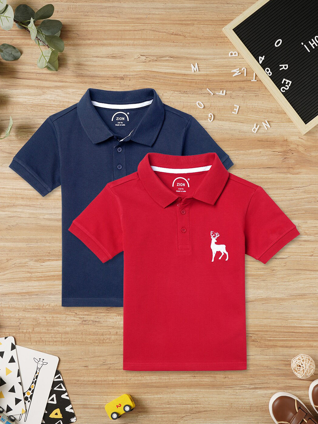 

ZION Boys Pack of 2 Graphic Printed Polo Collar Bio Finish T-shirt, Navy blue