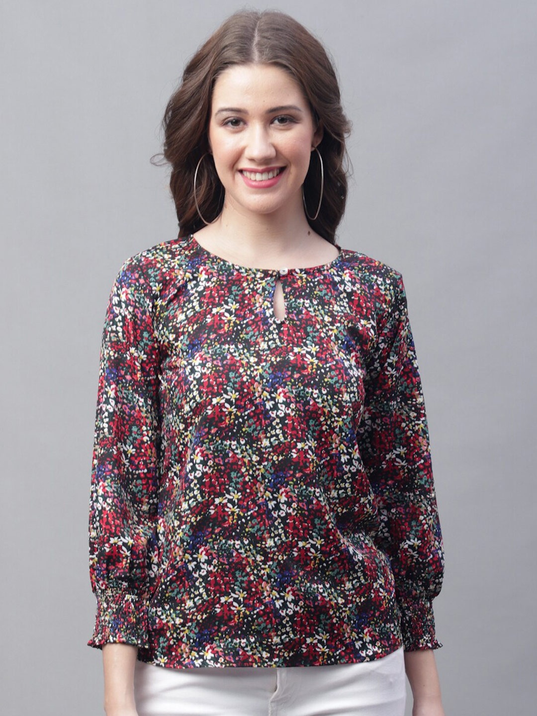 

Jinfo Black Floral Printed Keyhole Neck Crepe Top
