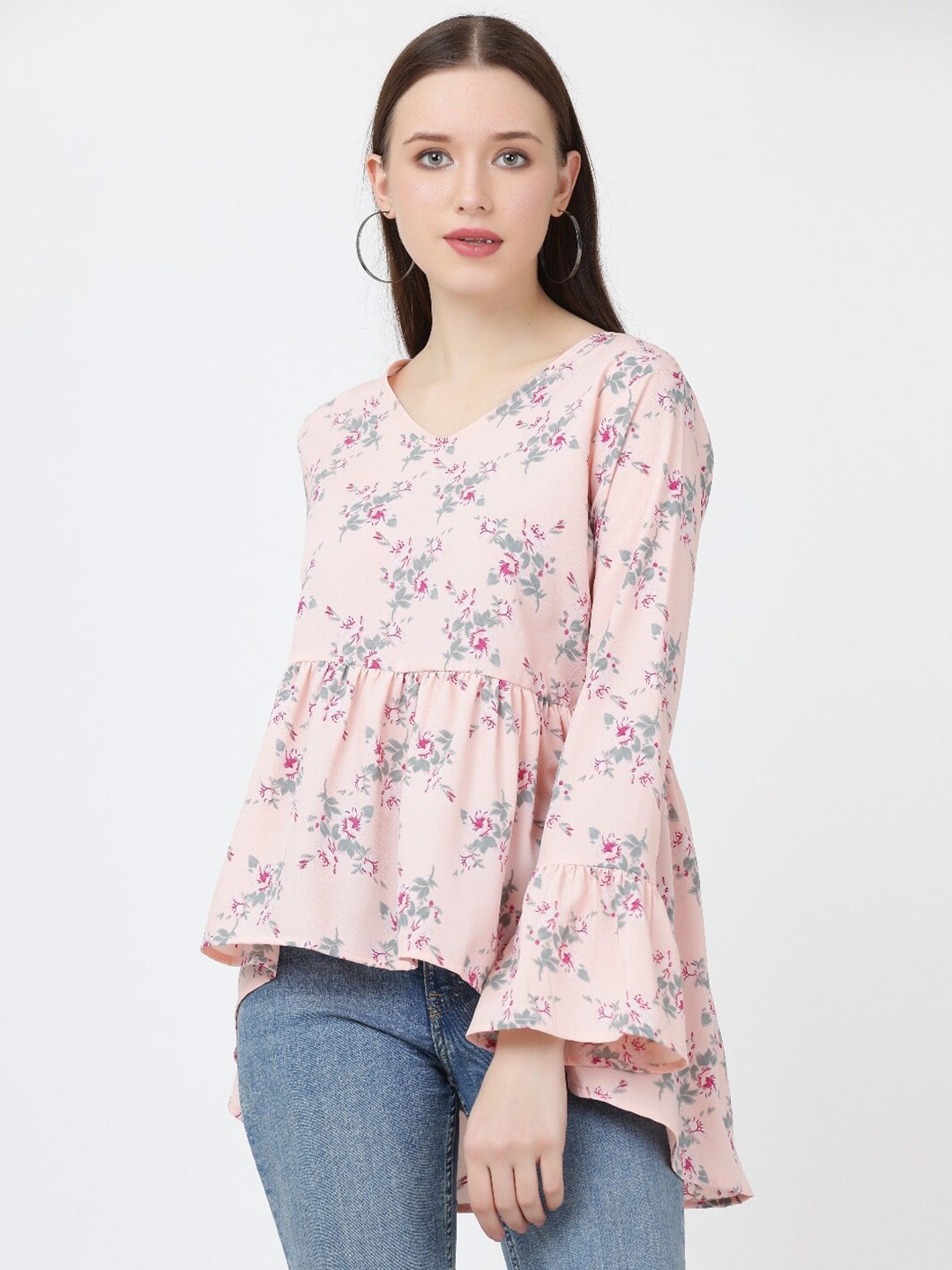 

Jinfo Floral Printed Crepe V-Neck Bell Sleeve A-Line Top, Pink