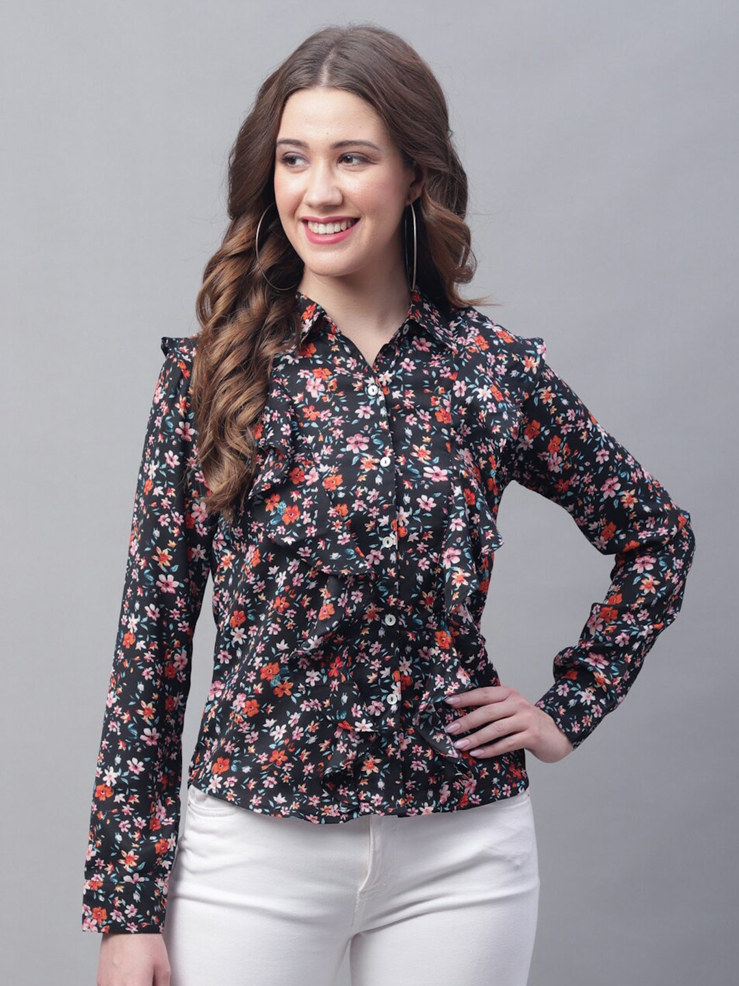 

Jinfo Floral Printed Crepe Cuffed Sleeves Shirt Style Top, Black