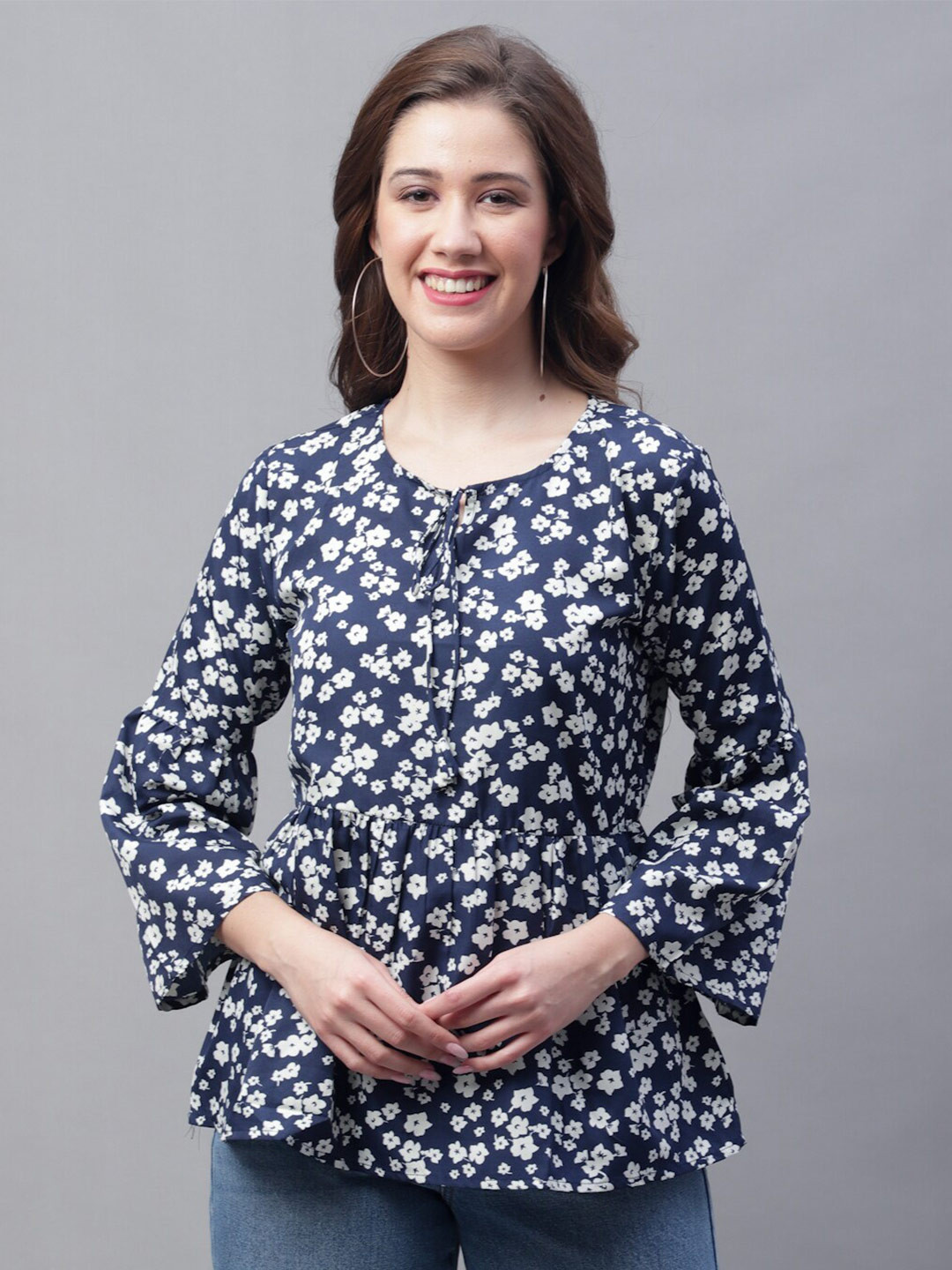 

Jinfo Floral Printed Tie-Up Neck Bell Sleeve Crepe Top, Navy blue