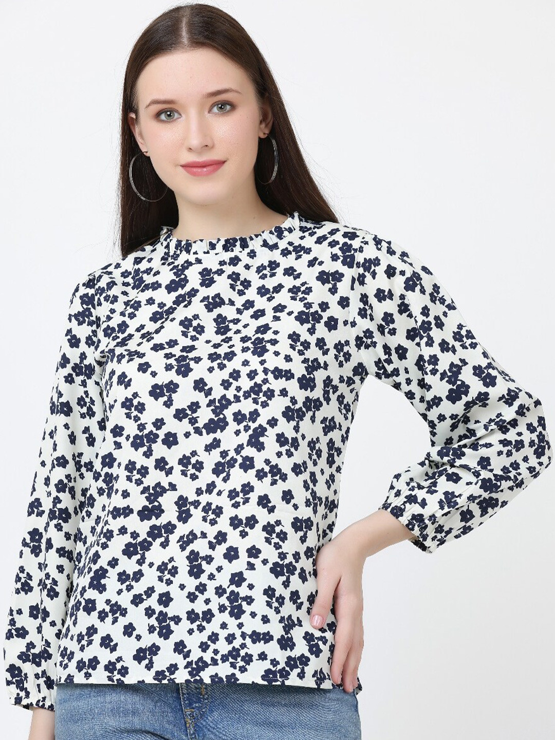 

Jinfo Floral Print High Neck Crepe Top, White