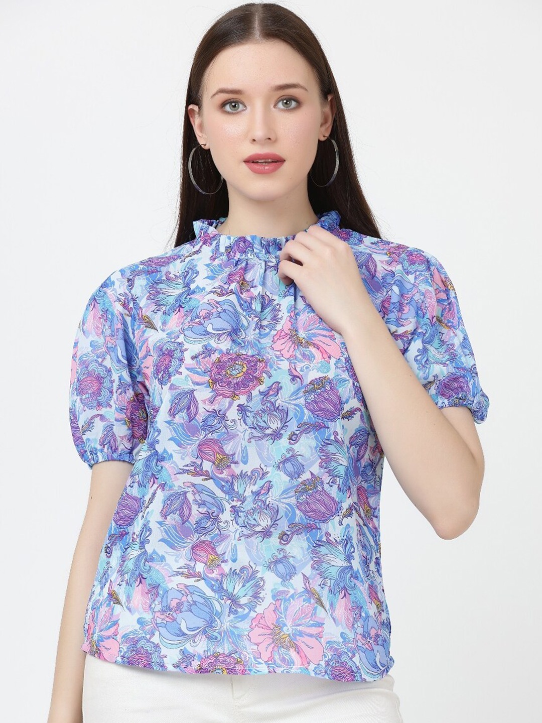 

Jinfo Floral Printed Puff Sleeve Georgette Top, Blue