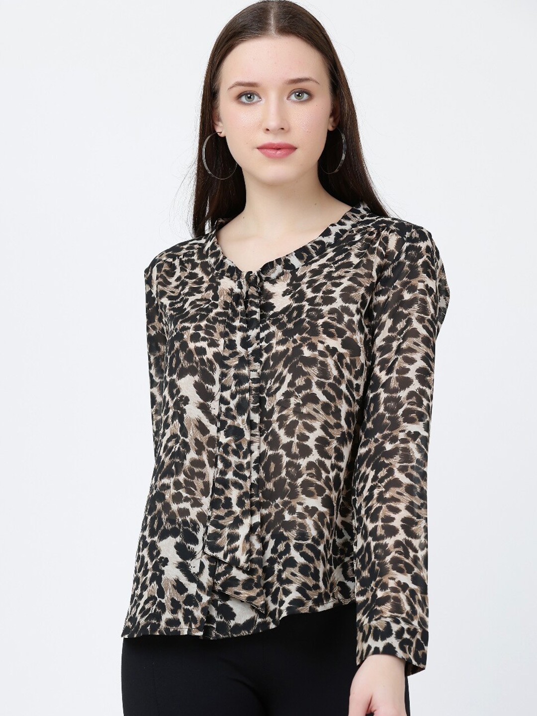 

Jinfo Animal Printed Georgette Tie-Up Neck Cuffed Sleeves Top, Brown