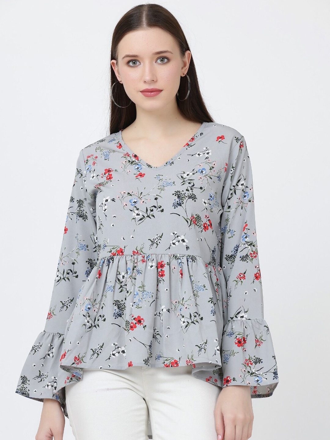 

Jinfo Floral Printed Bell Sleeve Crepe A-Line Top, Grey