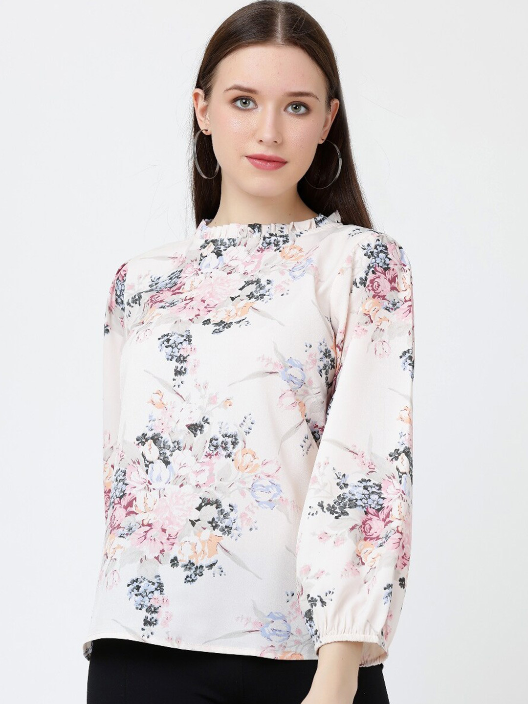 

Jinfo White Floral Print High Neck Crepe Top