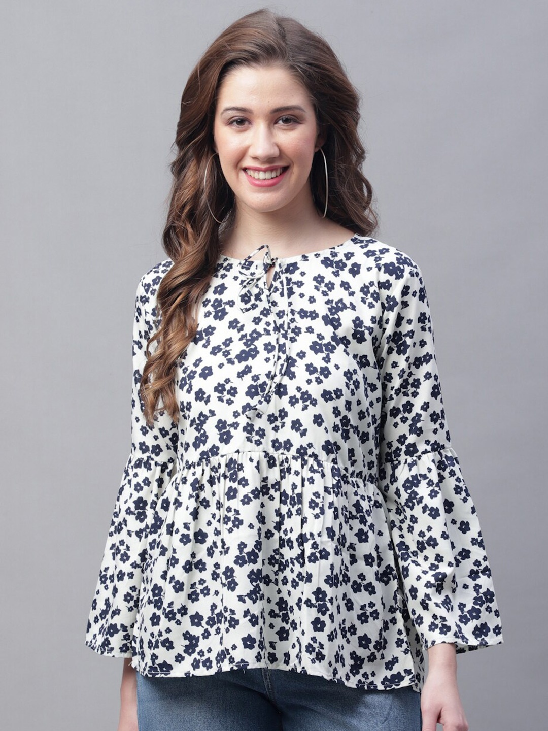 

Jinfo Floral Print Tie-Up Neck Bell Sleeve Crepe Peplum Top, White