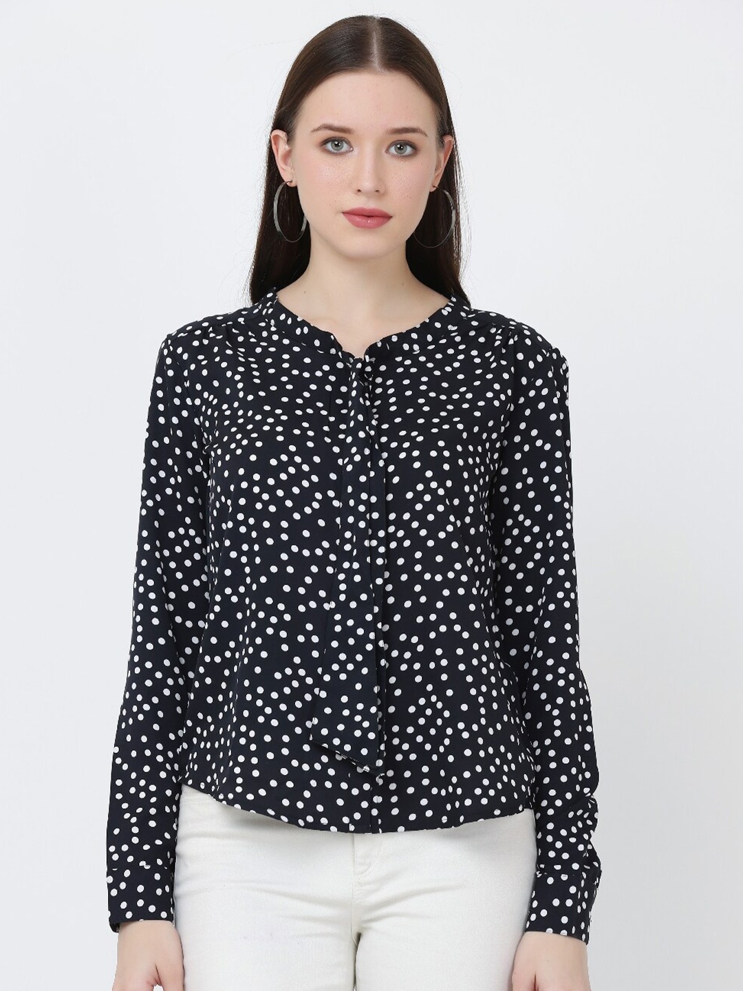 

Jinfo Polka Dots Printed Crepe Tie-Up Neck Cuffed Sleeves Top, Black