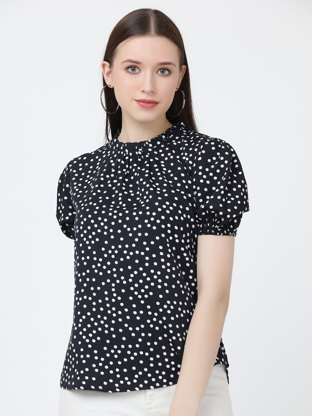 

Jinfo Polka Dot Printed Puff Sleeve Crepe Top, Black