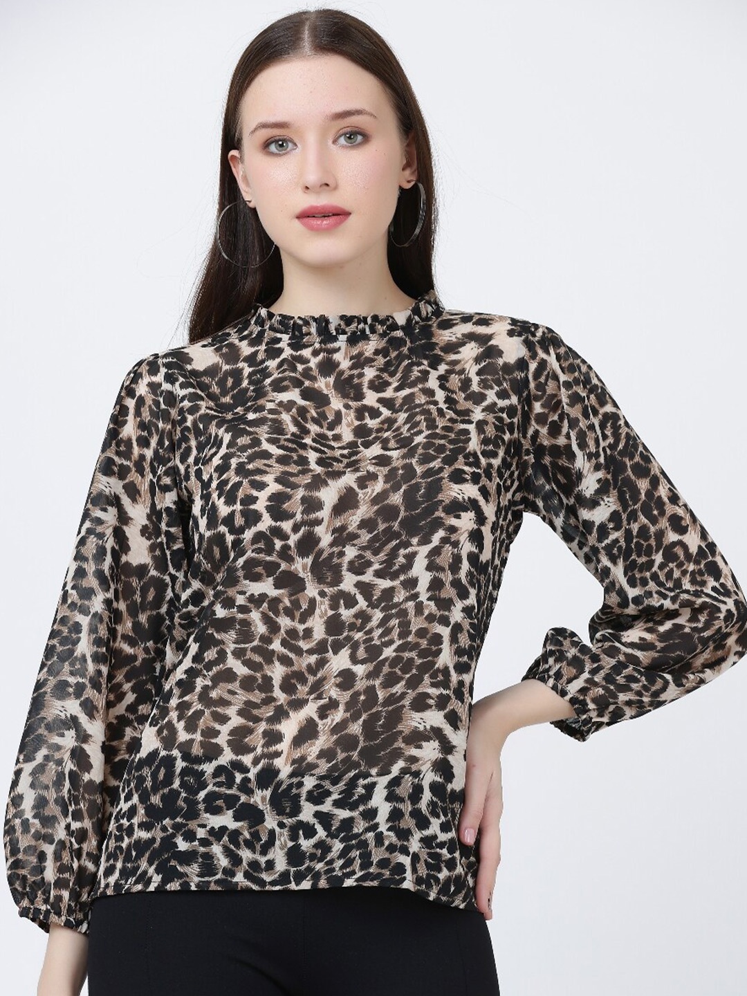 

Jinfo Animal Printed Puff Sleeve Georgette Top, Brown