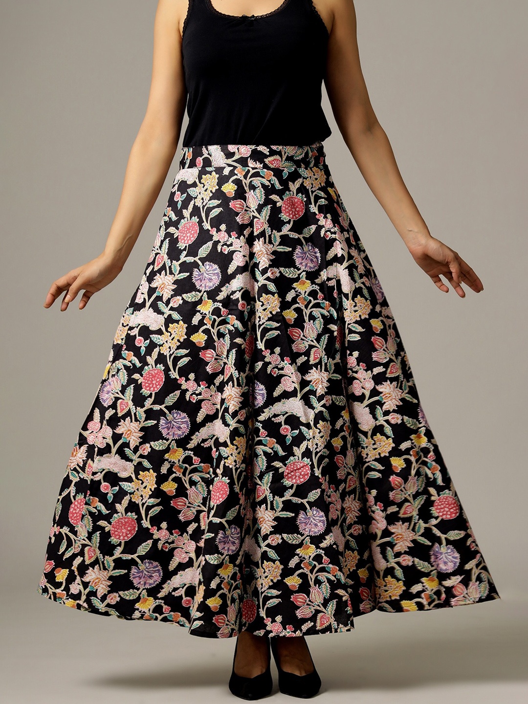 

HANDICRAFT PALACE Printed Pure Cotton Wrap-Around Maxi Skirt, Black