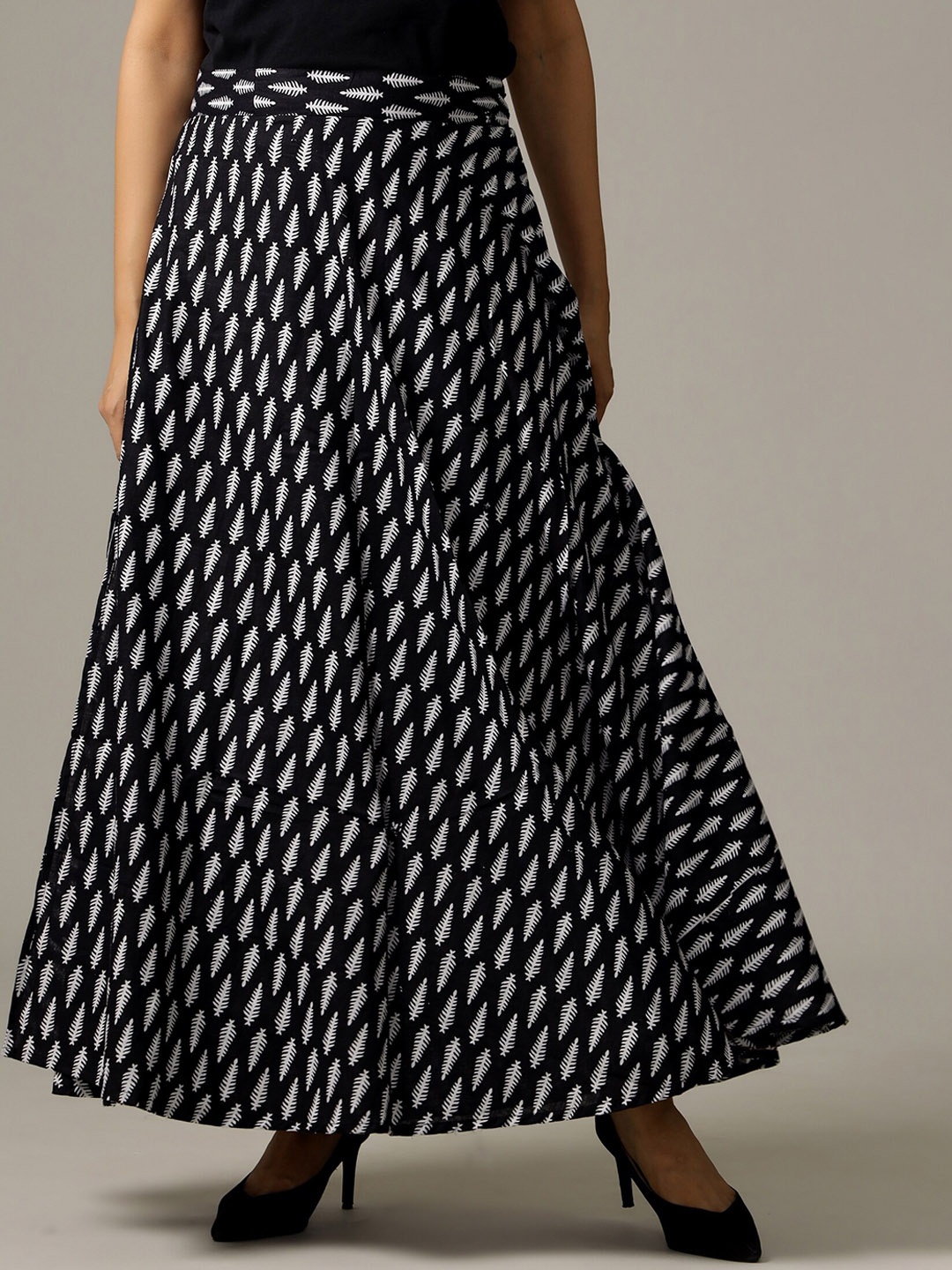 

HANDICRAFT PALACE Printed Wrap-Around Maxi Pure Cotton Skirt, Black