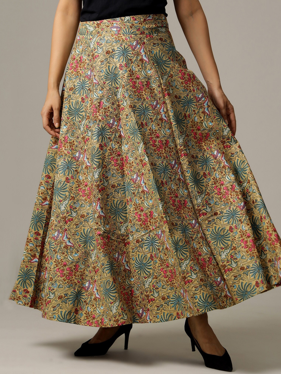 

HANDICRAFT PALACE Printed Pure Cotton Wrap-Around Maxi Skirt, Beige