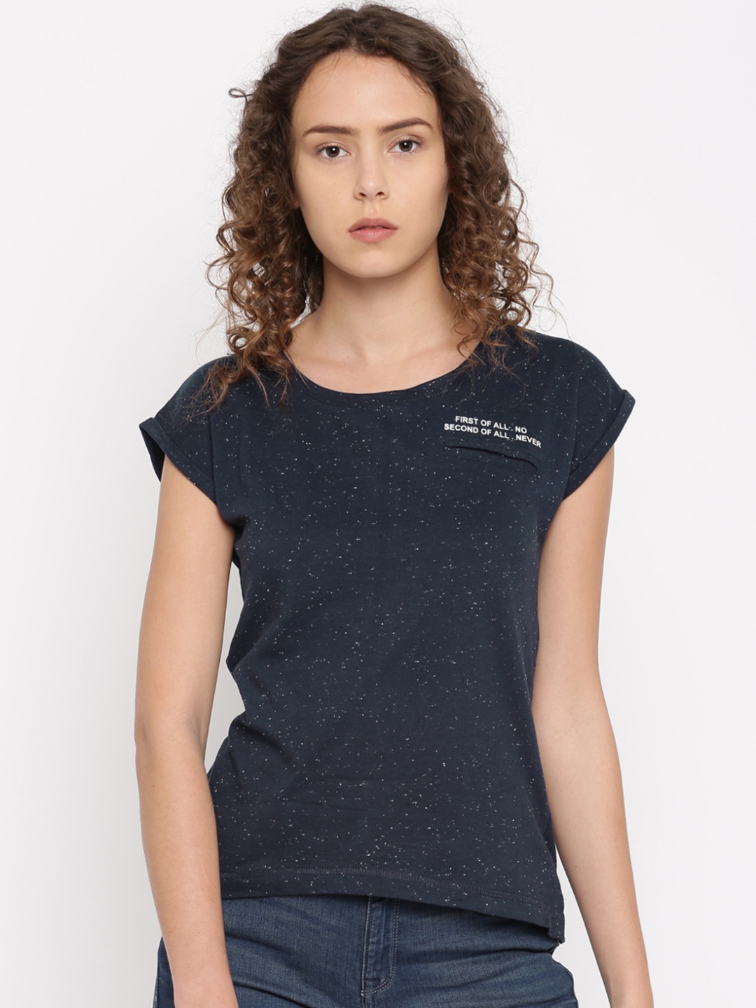 

Flying Machine Women Navy Blue Self Design Round Neck T-shirt
