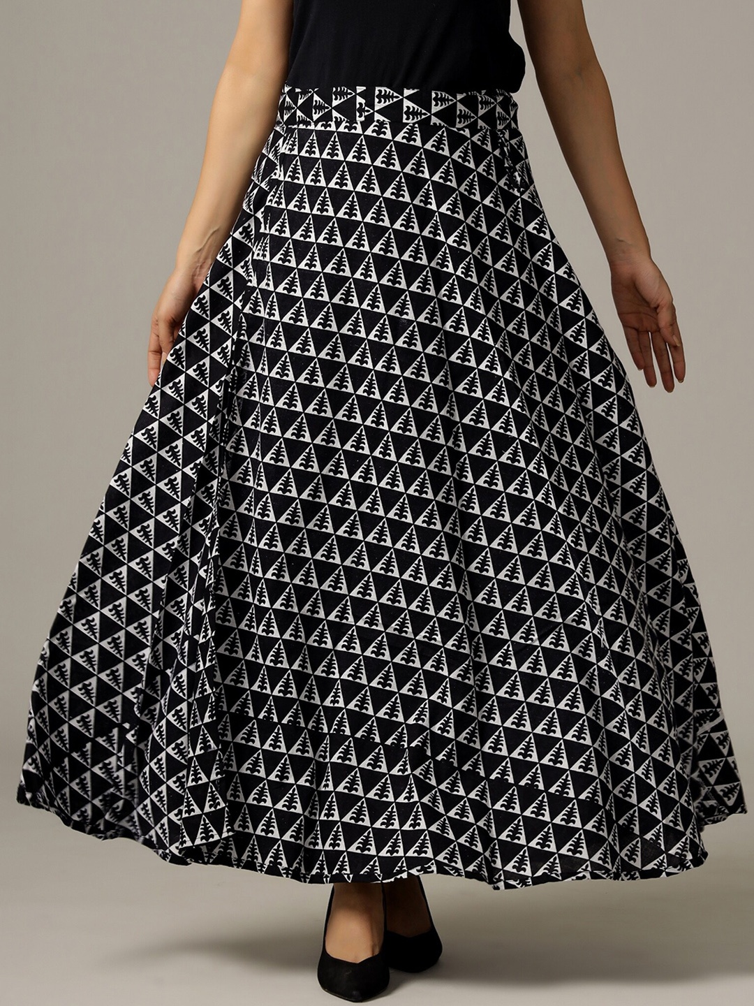 

HANDICRAFT PALACE Printed Pure Cotton Wrap-Around Maxi Skirt, Black