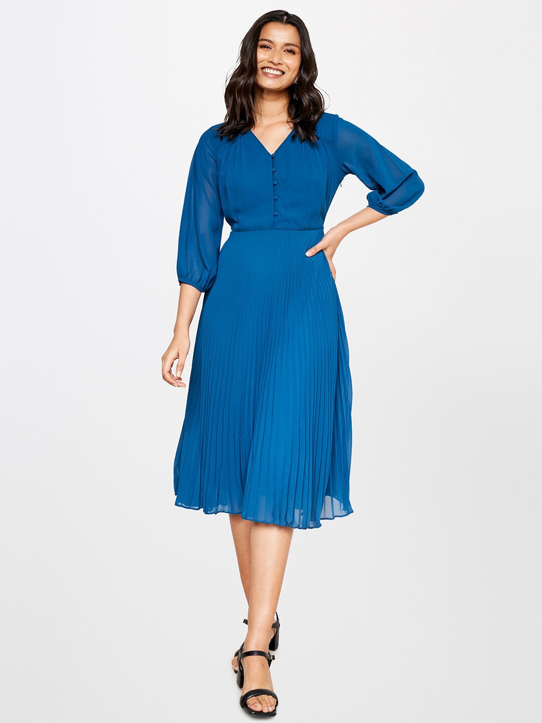 

AND V-Neck Accordion Pleats Fit And Flare Dress, Blue