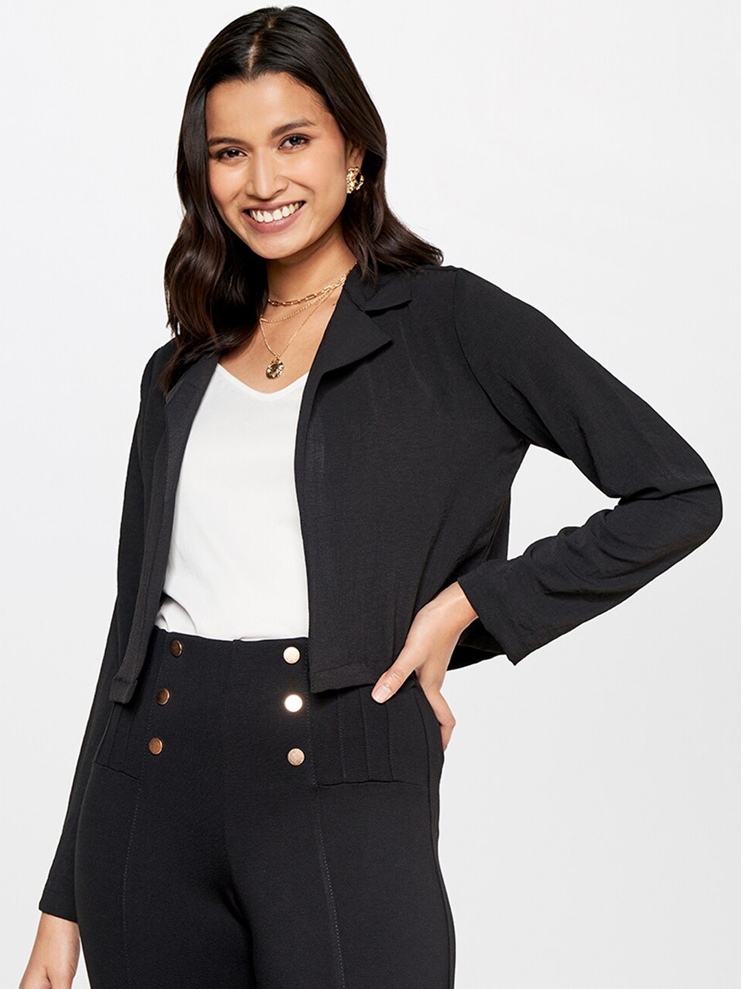 

AND Women Spread Collar Crop Open Front Jacket, Charcoal