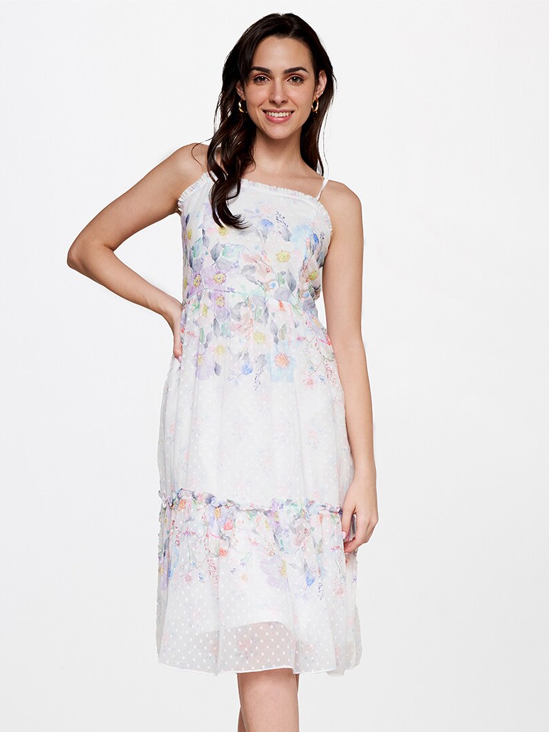 

AND Shoulder Straps Floral Printed A-Line Dress, White