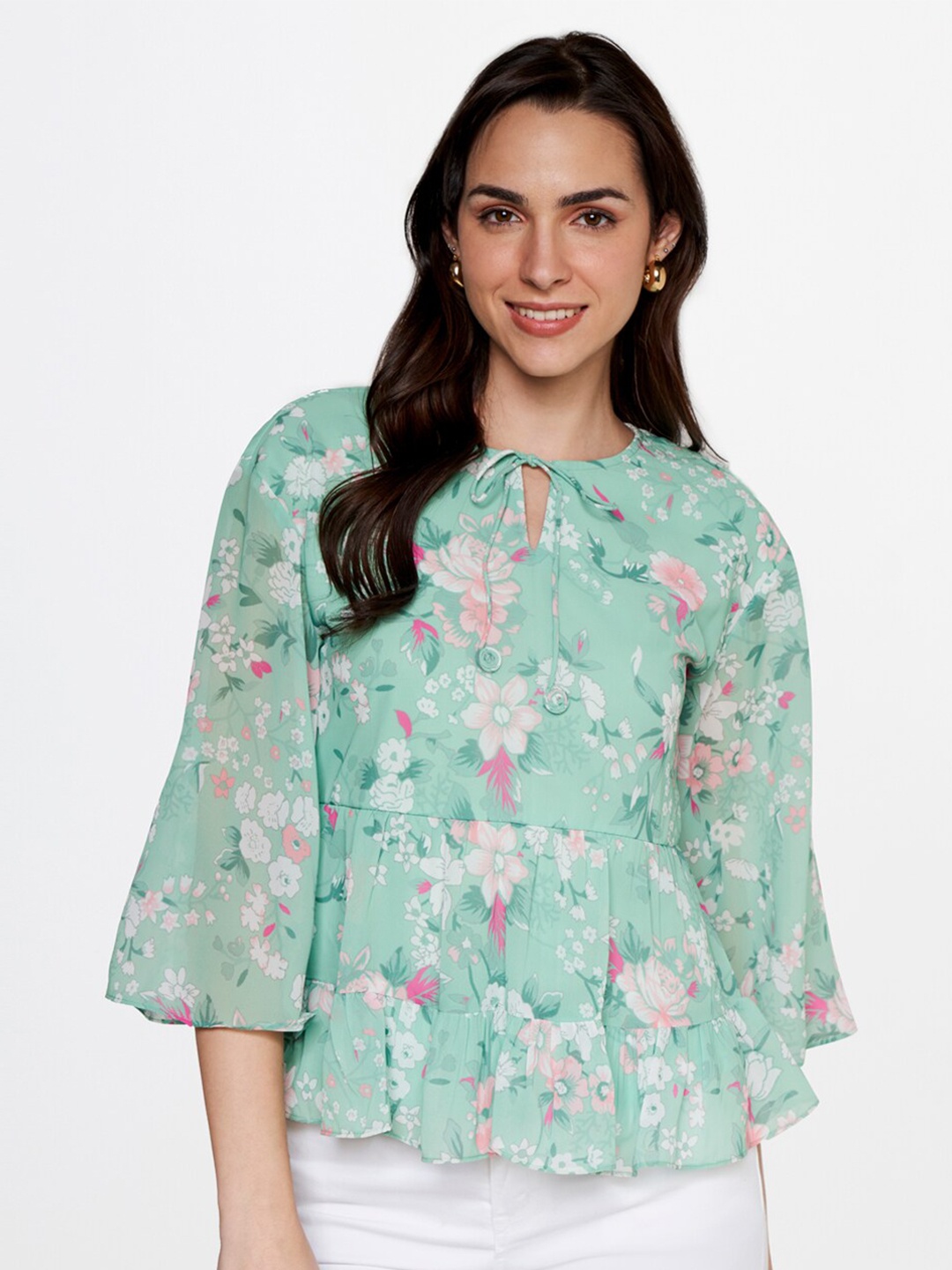 

AND Green Floral Print Tie-Up Neck Peplum Top, Sea green