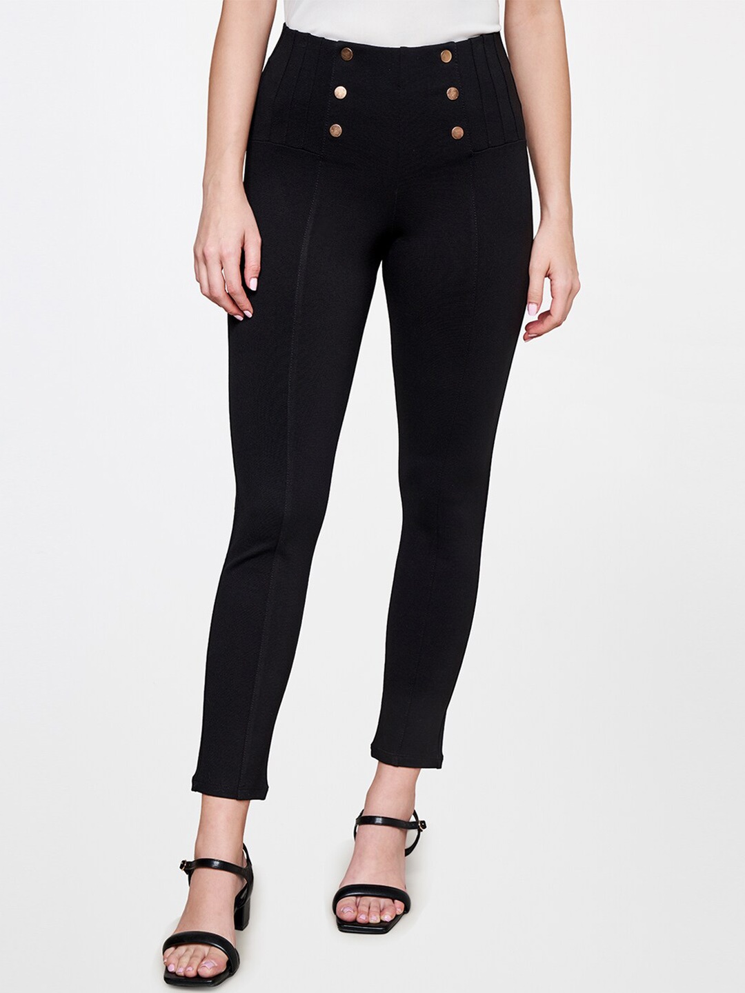 

AND Women Tapered Fit Mid-Rise Trousers, Black