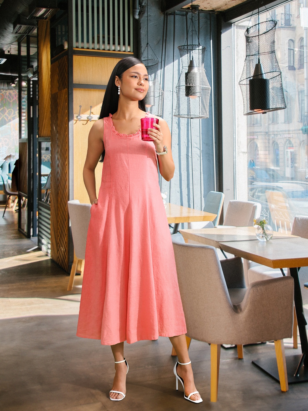 

AND Round Neck Tie Up Linen A-Line Midi Dress, Coral