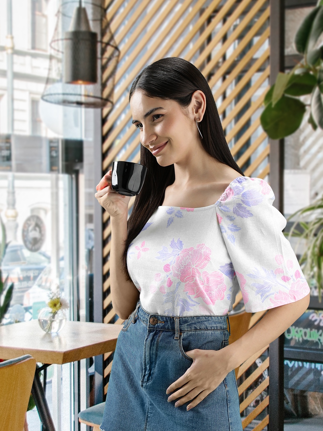 

AND Floral Printed Puff Sleeves Linen Top, White