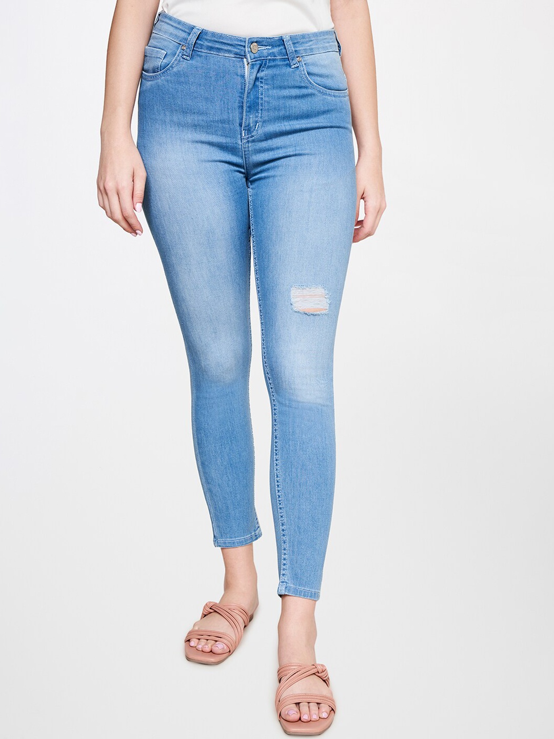 

AND Women Skinny Fit Light Fade Low Distressed Jeans, Blue