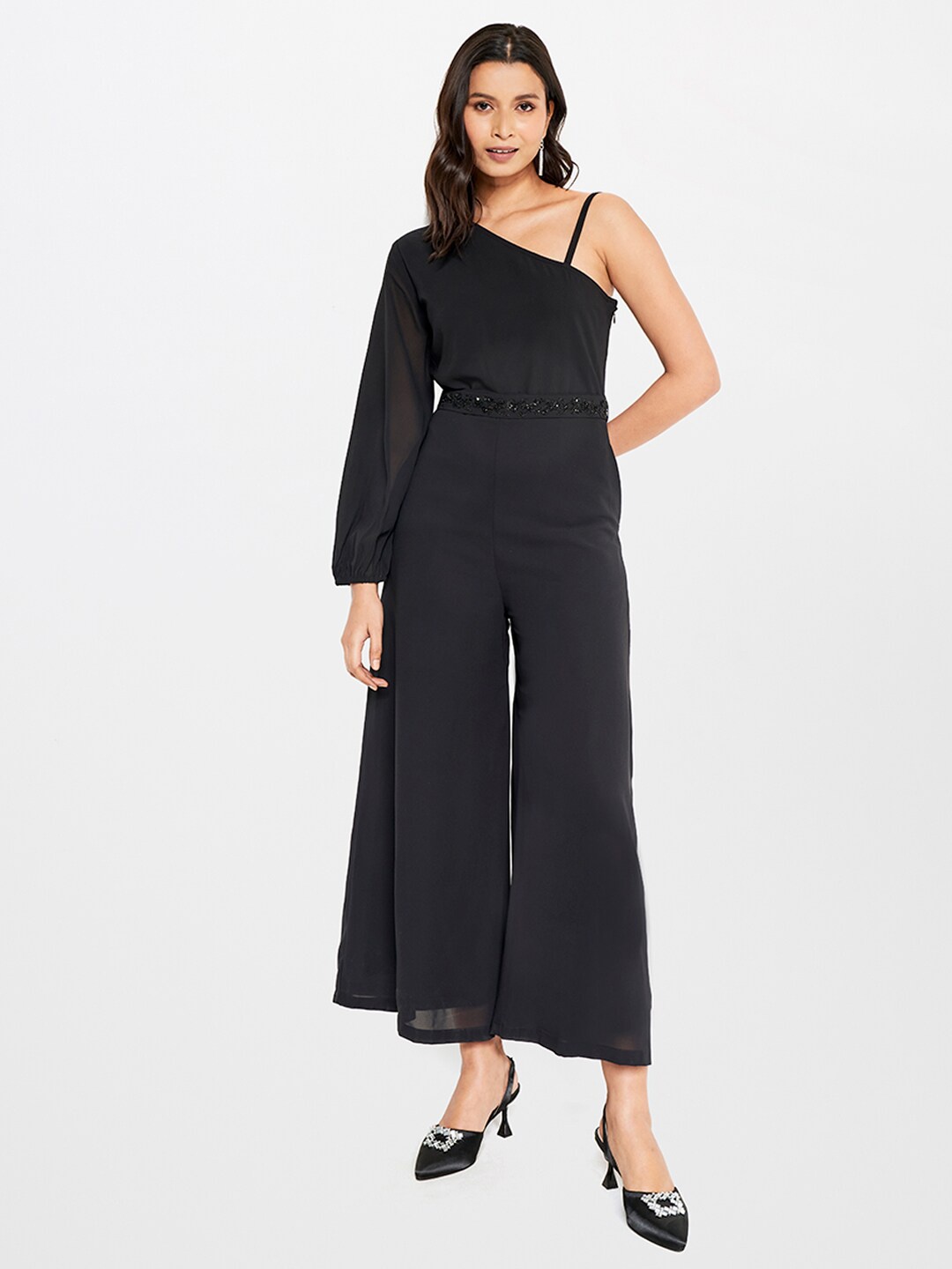 

AND Women One Shoulder Embellished Basic Jumpsuit, Black
