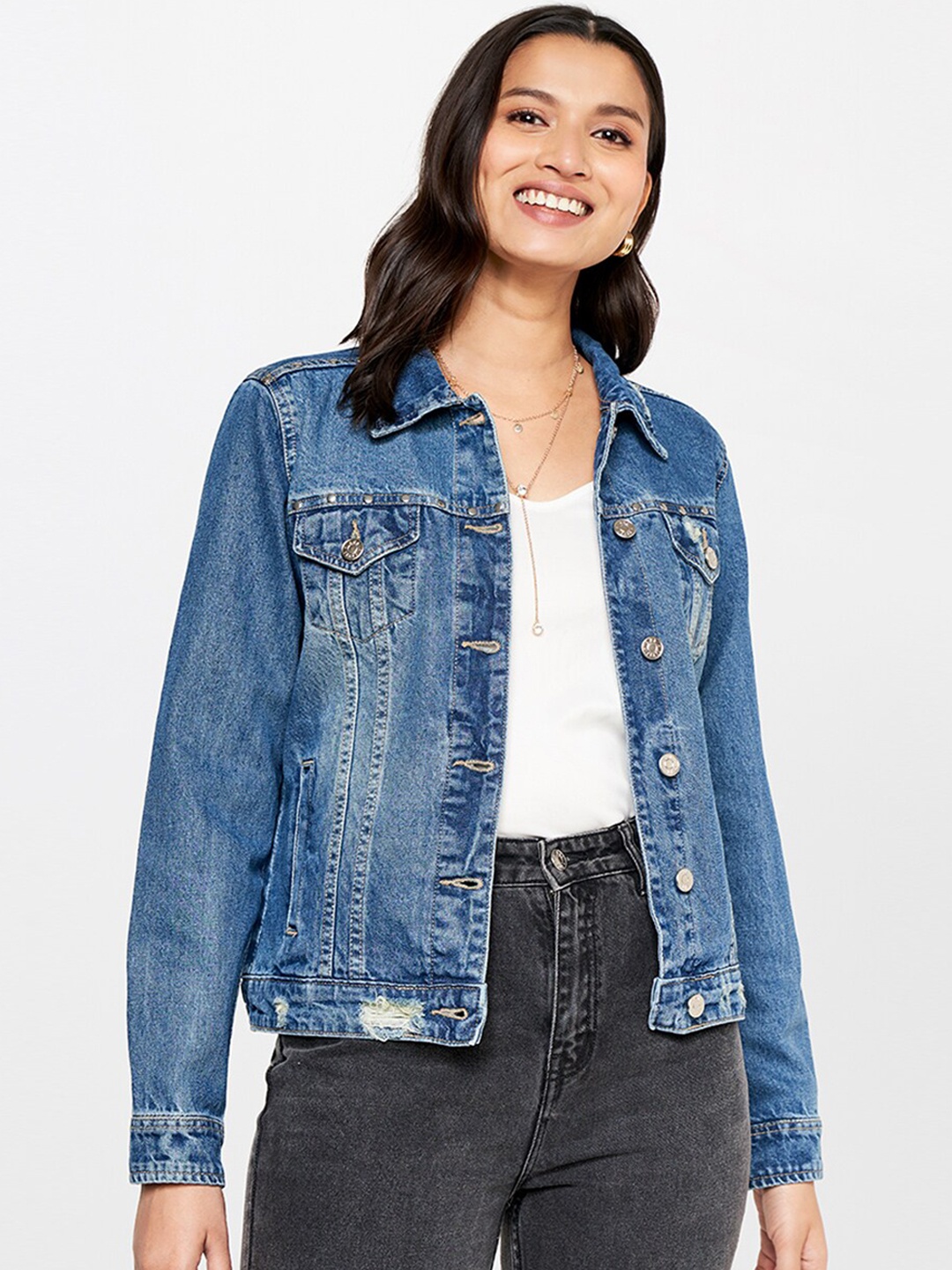 

AND Women Washed Pure Cotton Denim Jacket, Blue