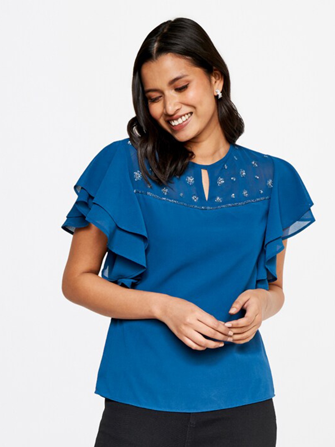 

AND Embellished Sequinned Keyhole Neck Flutter Sleeve Top, Blue