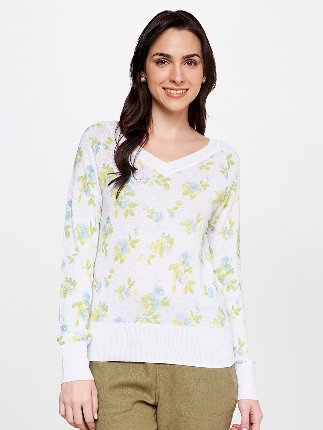 

AND Floral Printed V-Neck Long Sleeves Pullover, White