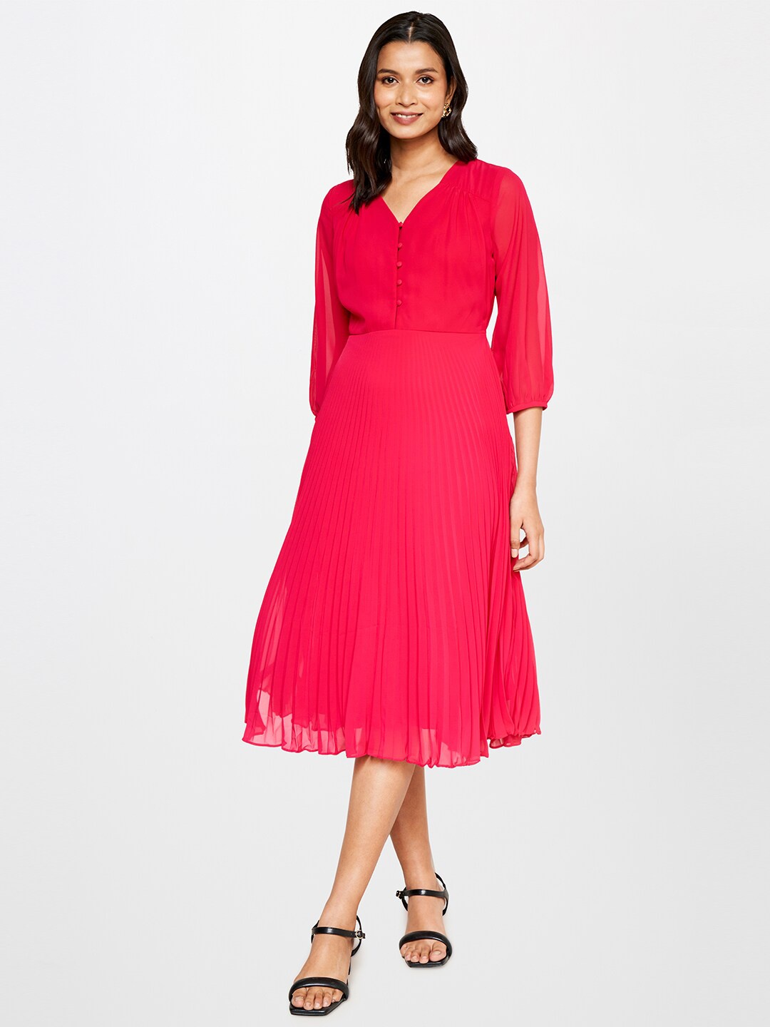 

AND V-Neck Accordion Pleats Fit And Flare Dress, Pink
