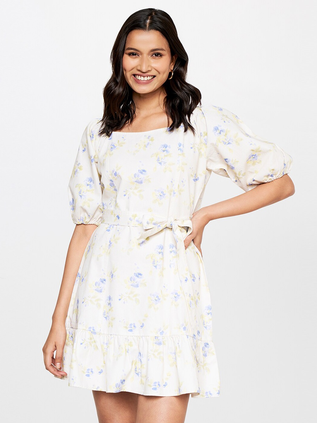 

AND Square Neck Floral Printed A-Line Pure Cotton Mini Dress With Belt, White