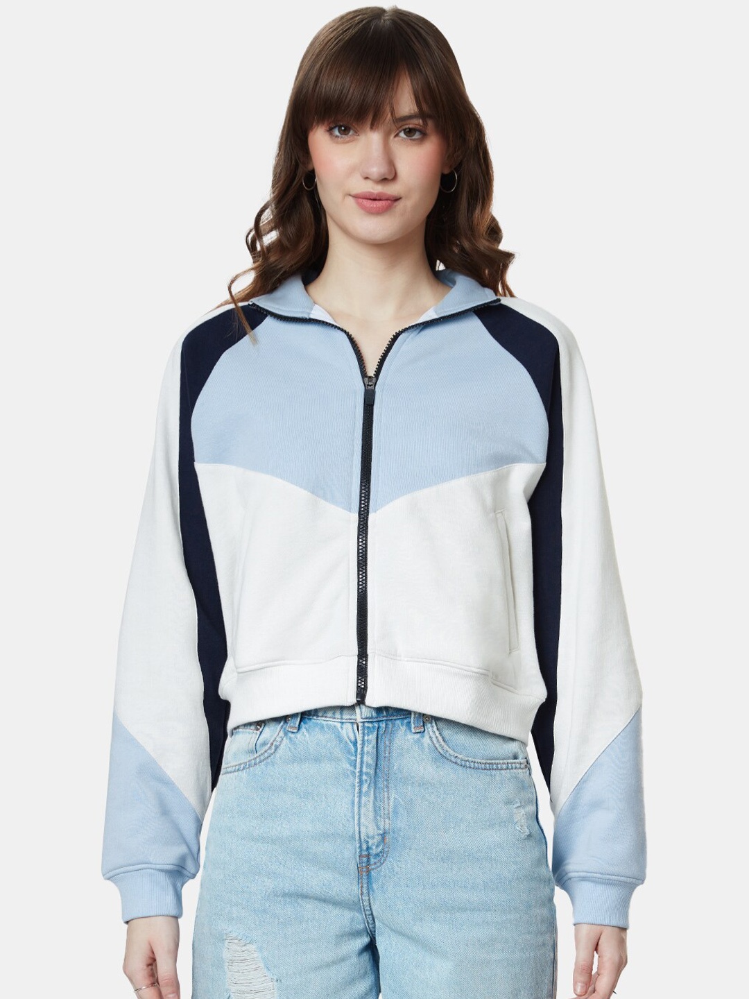 

The Souled Store Colourblocked Crop Pure Cotton Bomber Jacket, Blue