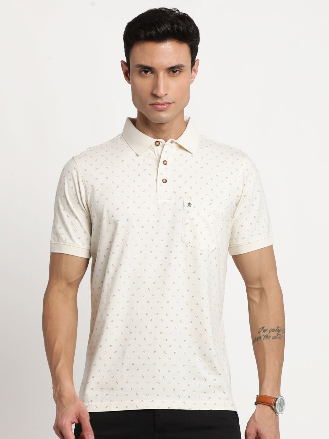 

Turtle Printed Polo Collar Pocket Slim Fit Cotton T-shirt, Off white