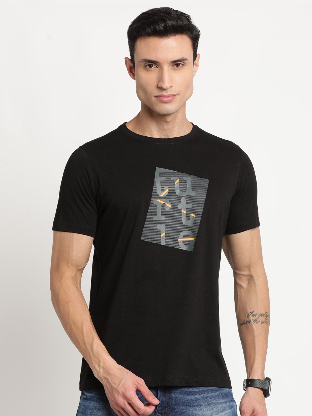 

Turtle Slim Fit Typography Printed Cotton T-Shirt, Black