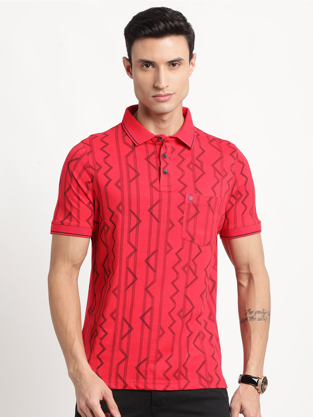 

Turtle Slim Fit Geometric Printed Polo Collar Cotton T-Shirt, Red