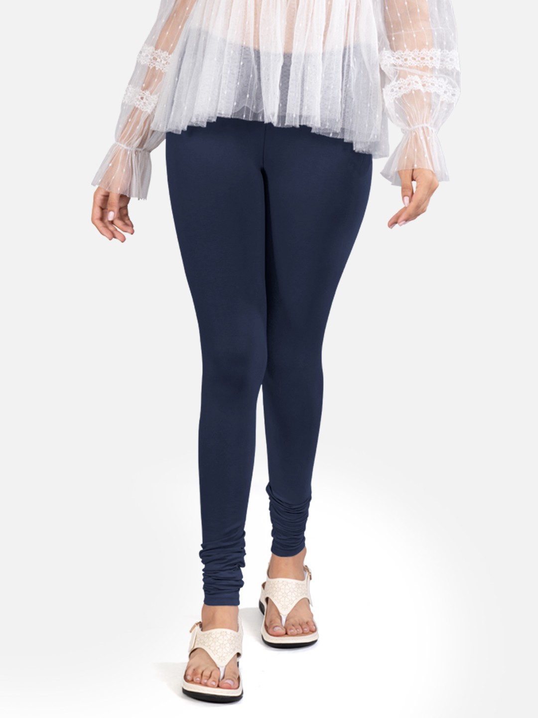 

indian flower Women 4-Way Stretch Churidar Length Leggings, Navy blue