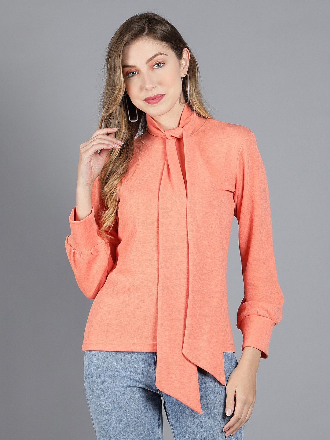 

Sonex Gold High Neck Puff Sleeves Top, Orange