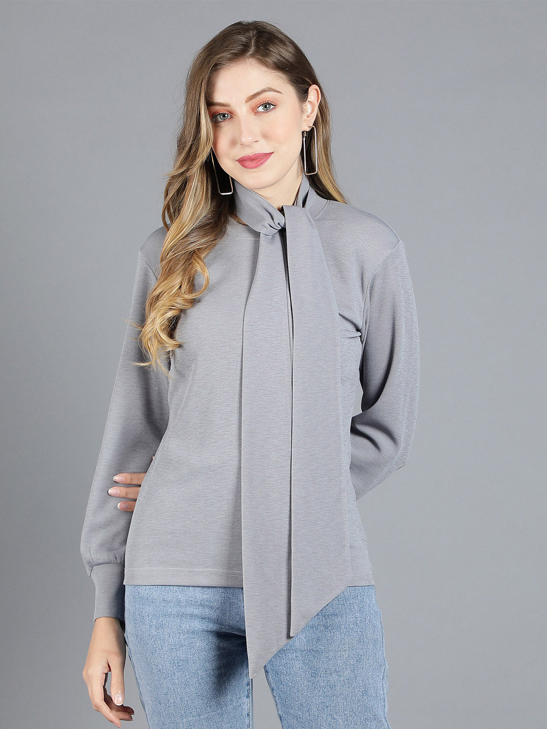 

Sonex Gold Tie-Up Neck Puff Sleeves Top, Grey