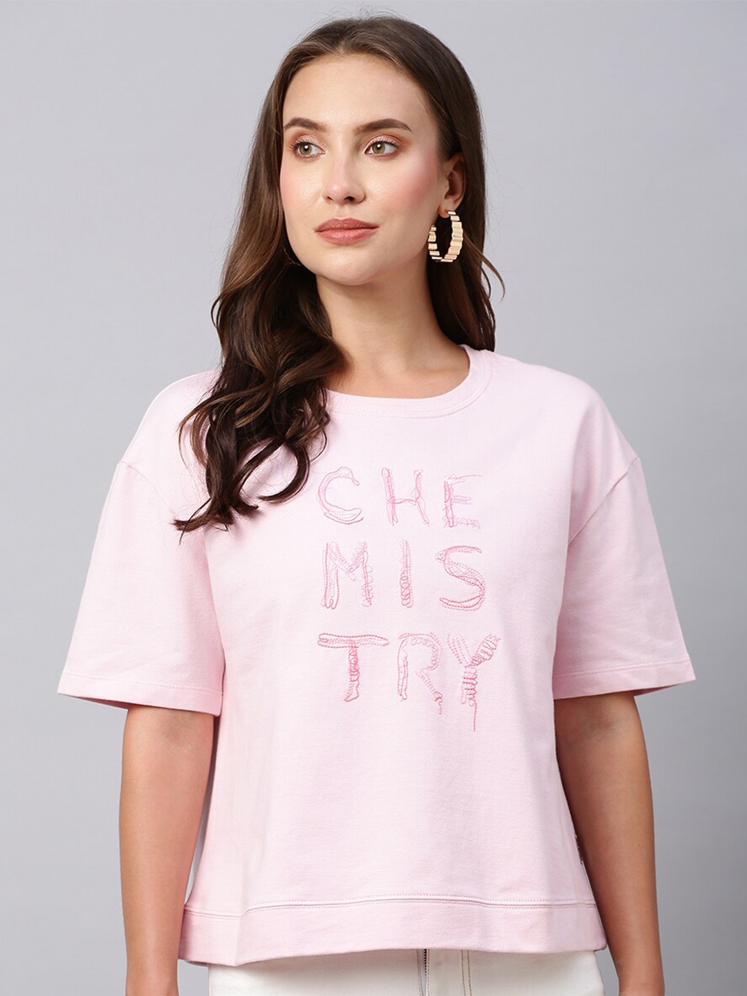 

Chemistry Typography Printed Pure Cotton Round Neck Boxy T-Shirt, Pink