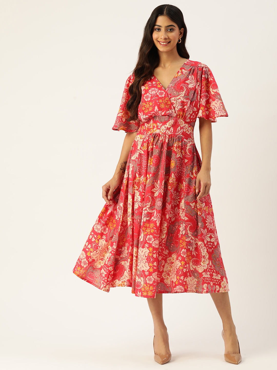 

MISRI Floral Print Flared Sleeves Midi Dress, Red