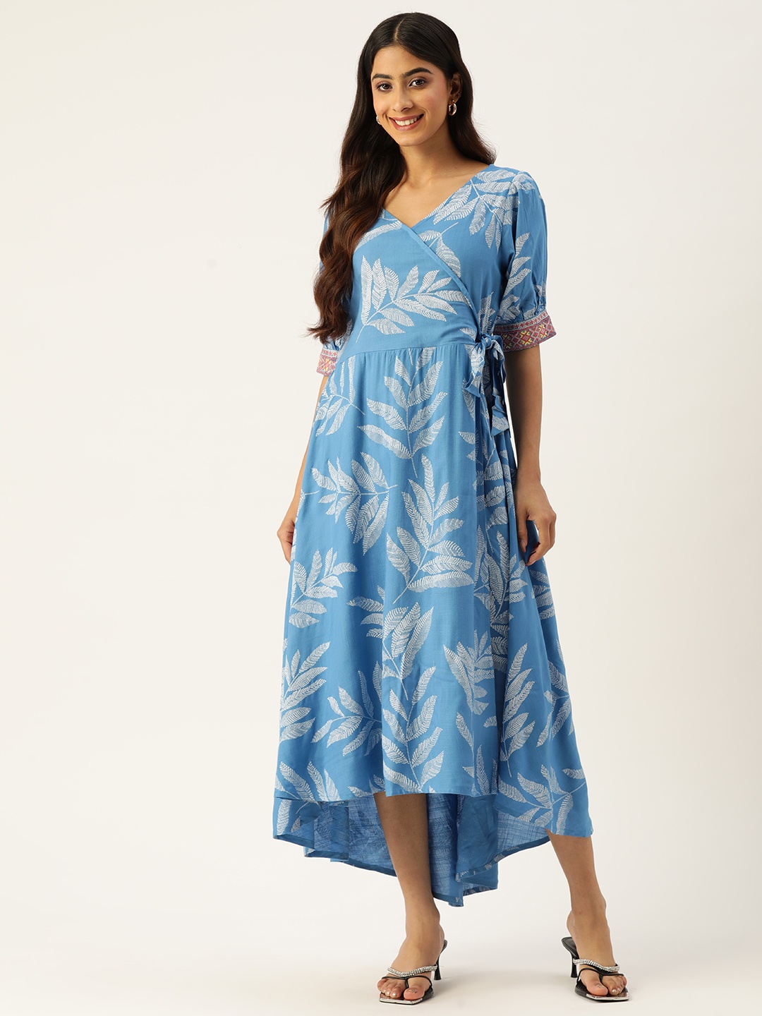 

MISRI Floral Print Puff Sleeves Midi Dress, Blue