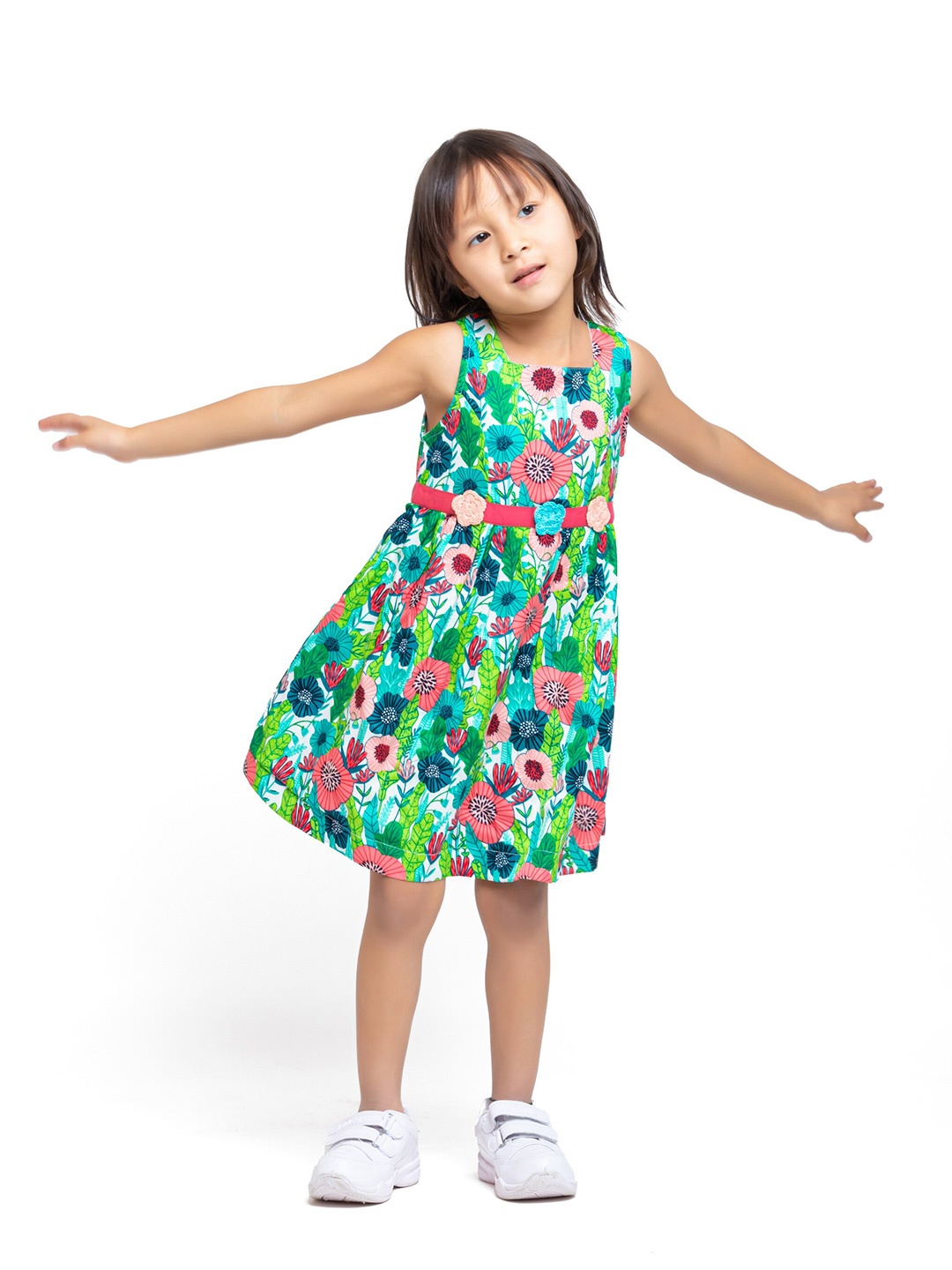 

My Little Lambs Girls Square Neck Floral Printed A-Line Dress, Green
