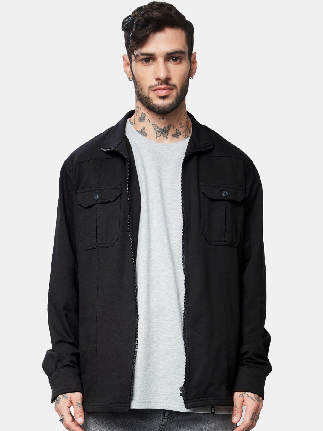 

The Souled Store Stand Collar Pure Cotton Oversized Jacket, Black