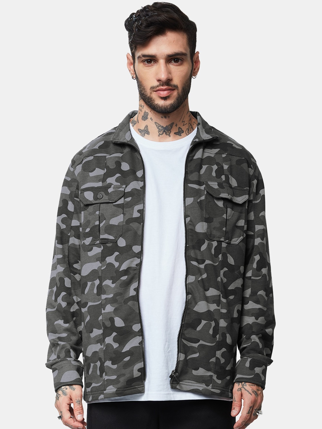 

The Souled Store Men Camouflage Spread Collar Popline Oversized Jacket, Grey