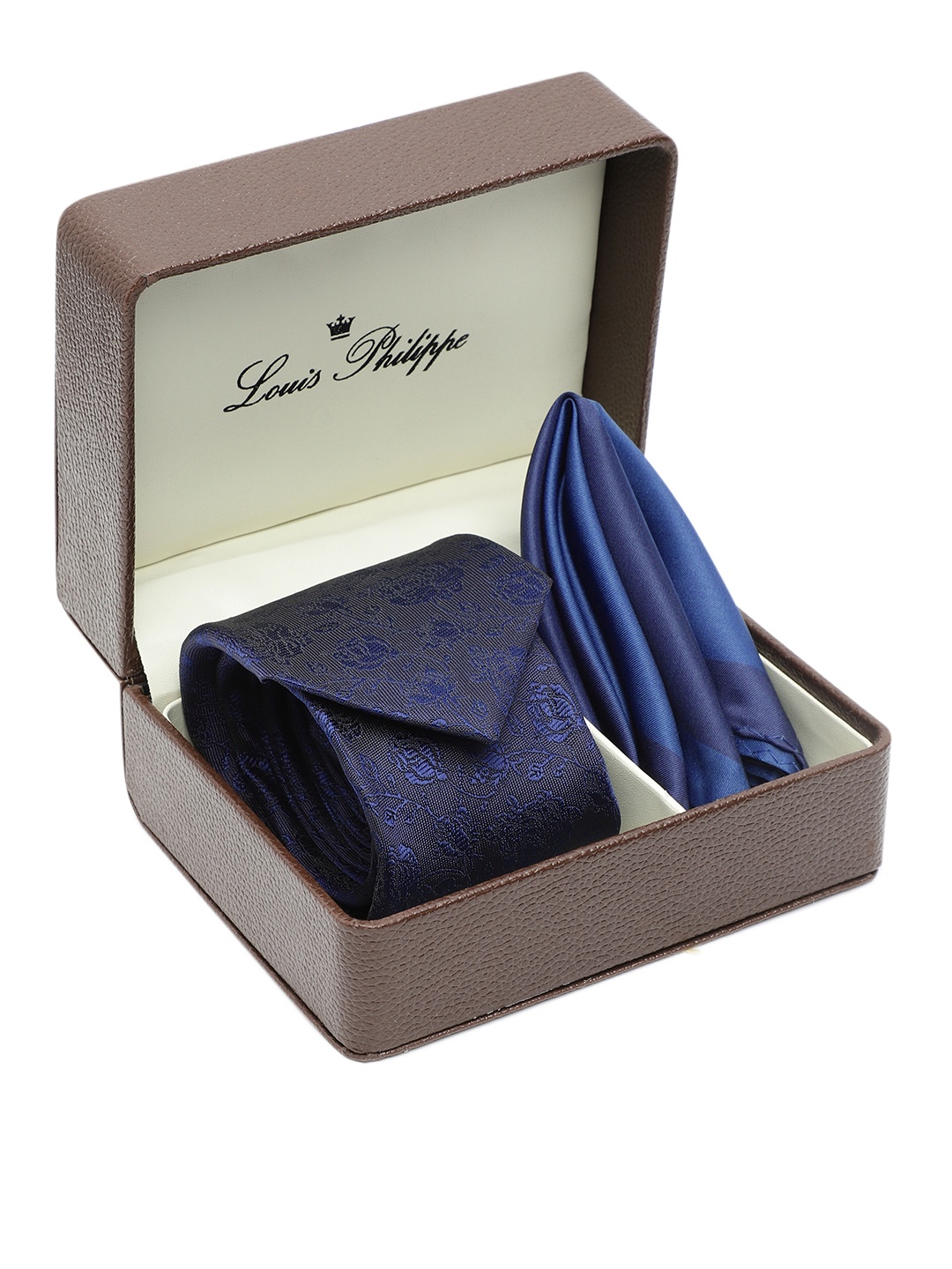 

Louis Philippe Men Woven Design & Colourblocked Tie & Pocket Square Gift Set, Navy blue