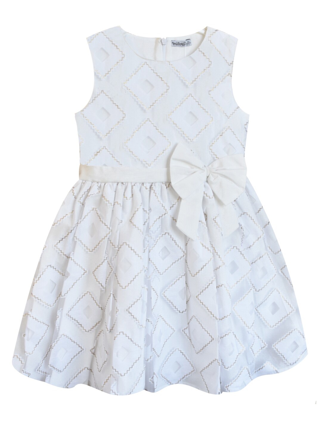 

milou Girls Round Neck Geometric Printed Pure Cotton A-Line Dress, White