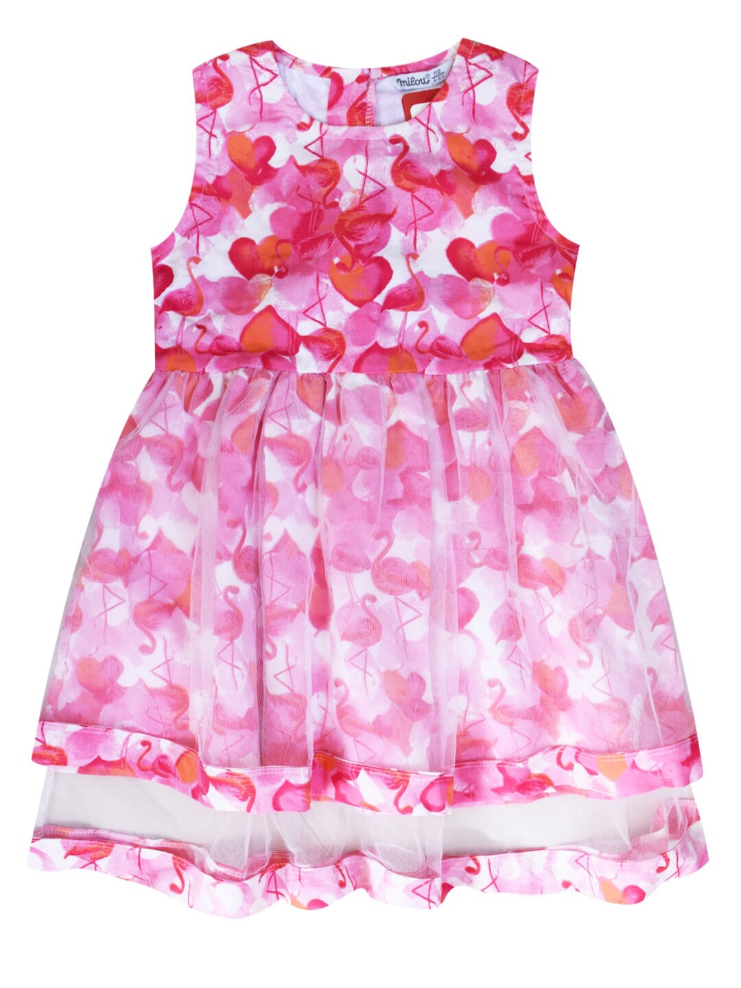 

milou Girls Round Neck Conversational Printed Net Fit & Flare Dress, Pink