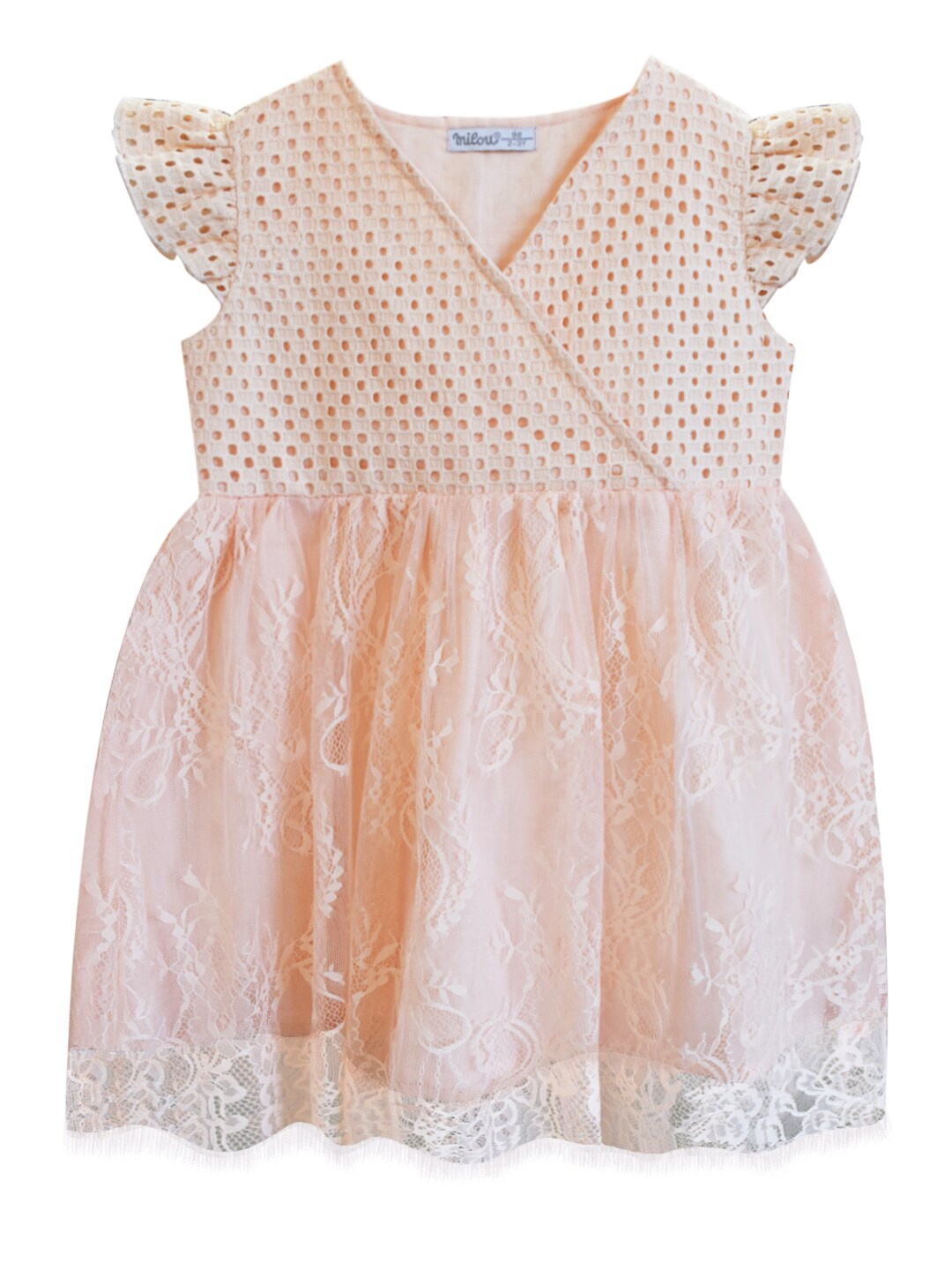 

milou Girls V-Neck Schiffli Pure Cotton Fit & Flare Dress, Cream